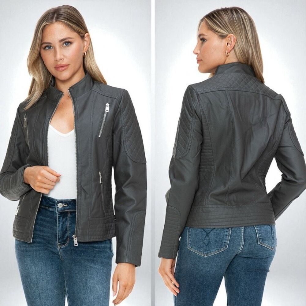 Charcoal Gray Faux Leather Zip Up Mock Neck Jacket XL NWT - Snobbish - Picture 5 of 16